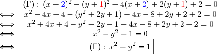 \begin{matrix}&& (\Gamma)\text{ : }(x+\blue 2\black)^2-(y+\red 1\black)^2-4(x+\blue 2\black)+2(y+\red 1\black)+2=0 \\&\iff & x^2+4x+4-(y^2+2y+1)-4x-8+2y+2+2=0 \\&\iff & x^2+4x+4-y^2-2y-1-4x-8+2y+2+2=0 \\&\iff & x^2-y^2-1=0\\&\iff& \boxed{(\Gamma)\text{ : }x^2-y^2=1}\end{matrix}